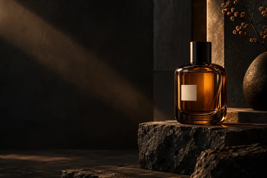 Frasco de perfume ámbar sobre piedra, iluminado por una luz cálida